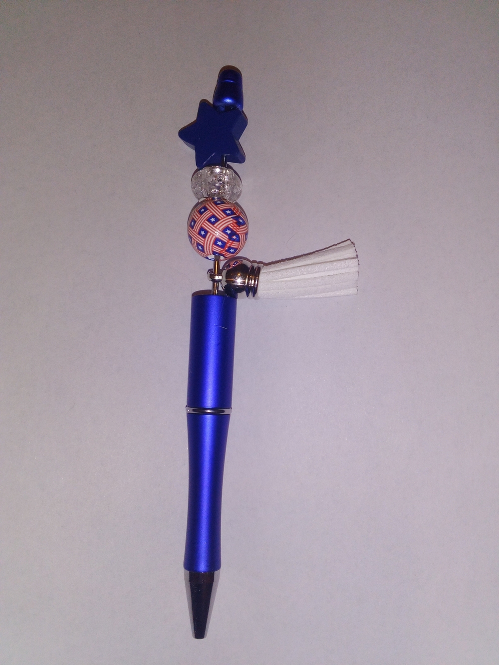 Blue 4 Of July Beaded Star Pen with White Tassel